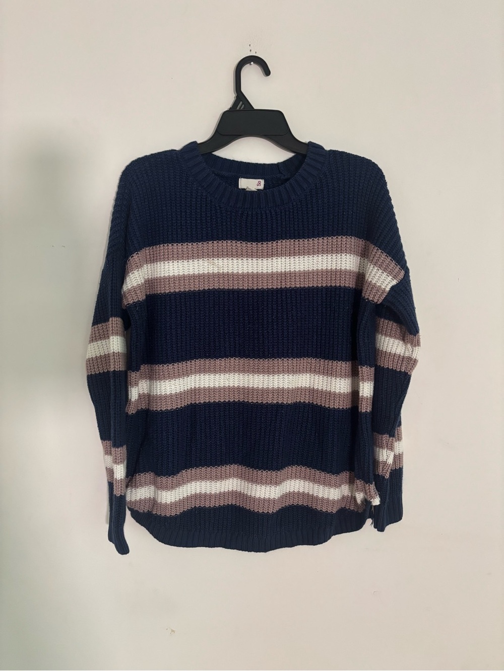 Striped Knit Sweater Blue Mauve Cream Oversized Cozy Pullover XL
